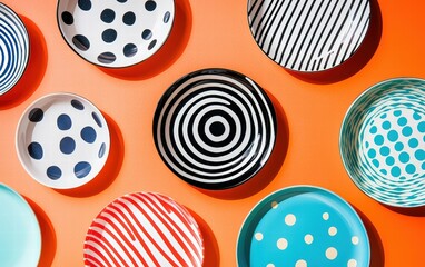 Levitating colorful dinner plates with bold patterns on a bright background