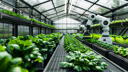 Modern greenhouse featuring robotic arms sorting and managing plants for efficient vertical farming and sustainable agriculture.