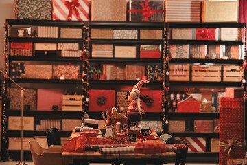 A warm and inviting workspace filled with holiday spirit showcases an array of meticulously wrapped...