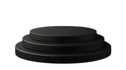 Sleek black pedestal with a matte finish and concentric levels, perfect for minimalist product presentations. Isolated on transparent background