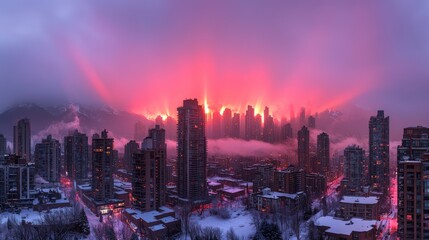 Obraz premium Vibrant sunrise over snowy city skyline with mountains.