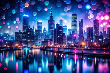 Fototapeta premium Urban Shadows: Bokeh Cityscape, Night Photography, Artistic Blur, City Lights, Dark City