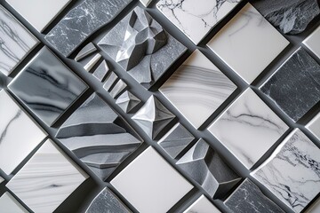 A set of precision-cut ceramic stones arranged in a geometric pattern, polished and reflective surface, marble-inspired texture, vibrant white and grey tones,generative ai