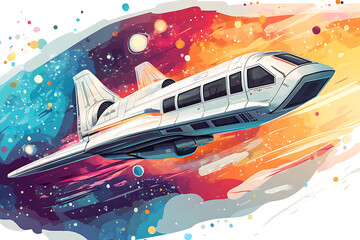 A futuristic concept of an interplanetary taxi transporting passengers from Earth to Mars, featuring sleek spacecraft designs and a vibrant cosmic background.