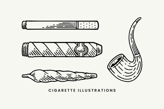 set of cigarette, marijuana weed, smoke pipe line art style vector. engraving of cigarette, marijuana weed, smoke pipe illustration collection. element design of cigarette, marijuana weed, smoke pipe