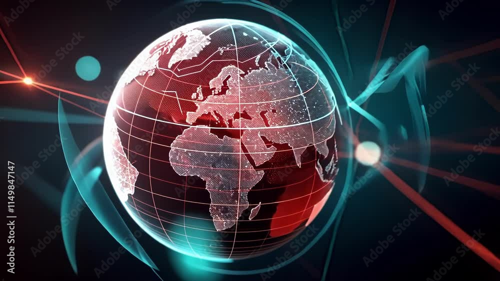Poster light trails and particles swirling around digital earth globe rotating in space, visualizing global