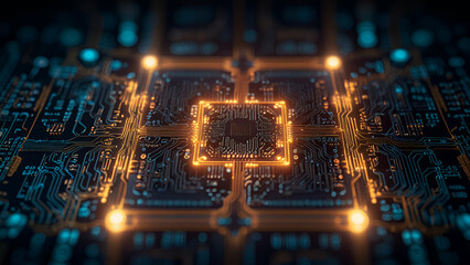 Advanced Computer Chip Circuit Board with Electrical Components, Enabling Data Communication, Generated by Artificial Intelligence
