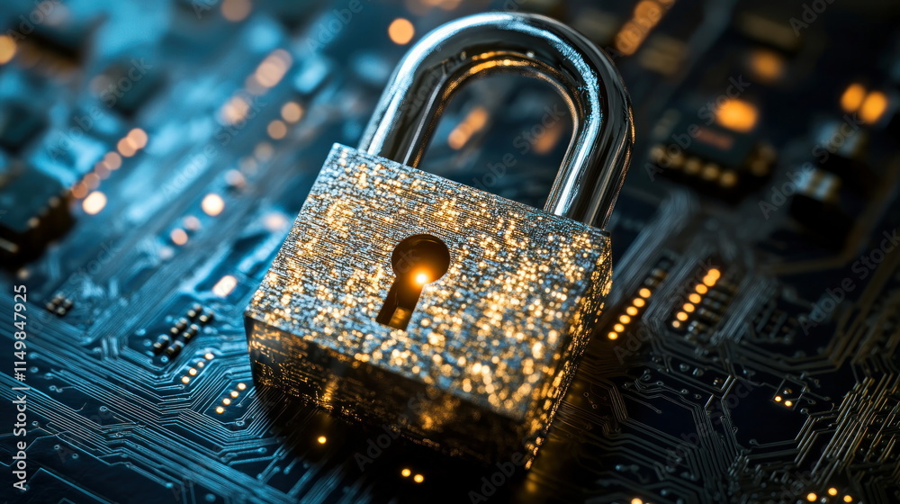 Poster cyber security: padlock on circuit board.