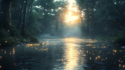 Fototapeta premium Magical sunset over tranquil river in enchanted forest with fireflies.