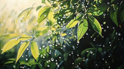 Rain on Green Leaves - A Captured Moment