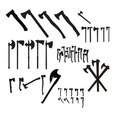 Silhouette of an axe bundle Different types of style axes collection silhouette. 