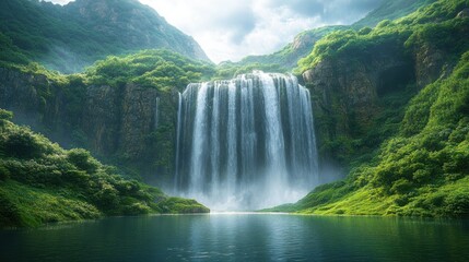 Lush green mountains frame serene waterfall.