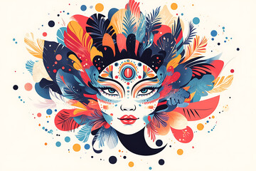 A vibrant Brazilian carnival mask adorned with feathers, gemstones, and colorful patterns, symbolizing the lively spirit of the carnival