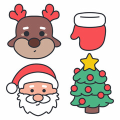 Simple Christmas icons vector cartoon set isolated on a white background.