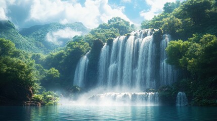 Obraz premium Serene waterfall cascading into tranquil pool, lush jungle.