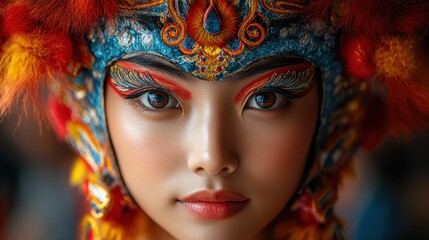Close-up portrait of a young woman wearing a vibrant, ornate headdress.