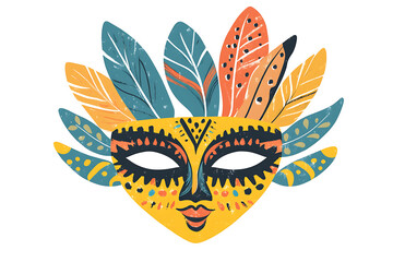 A vibrant Brazilian carnival mask adorned with feathers, gemstones, and colorful patterns, symbolizing the lively spirit of the carnival