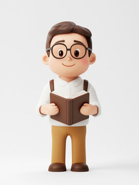 Enthusiastic young reader holding a book digital environment 3d character illustration whimsical and educational concept