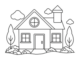 Home Hand drawn single line art coloring page for kids in front of views vector outline illustration