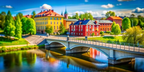 Vantaankoski: Tilt-Shift Photography of Old Bridge & Buildings by Rapid River, Sunny Summer Day in Vantaa, Finland