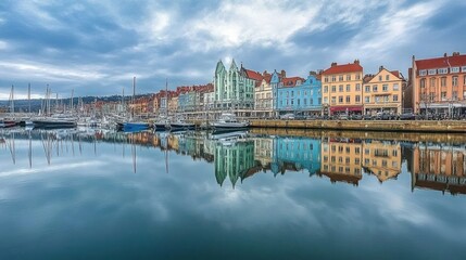 Obraz premium Colorful waterfront buildings reflected in calm harbor water under a cloudy sky.