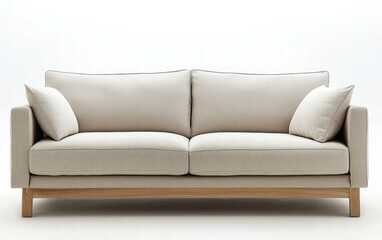 Fototapeta premium Clean modern sofa in a well-lit room with neutral tones, light wood accents, and soft cushions