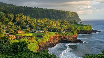 Lush tropical coastal village at sunset, with ocean waves crashing against volcanic cliffs.