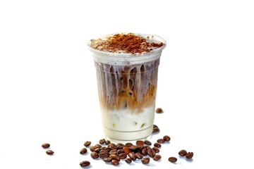 Pictures of latte ice coffee and coffee beans spread and serving on white background and isolate concept.