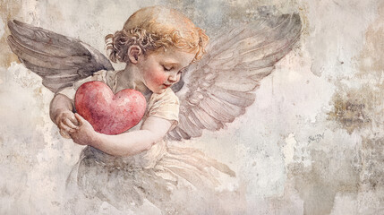 Cupid cute adorable winged cherub baby angel holding a red heart heaven heavenly falling in love Valentine card valentines day romance love Victorian classical watercolor angelic art style