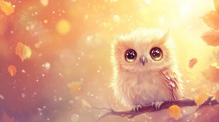 Fototapeta premium Adorable fluffy baby owl perched on a branch amidst autumn leaves and soft light.