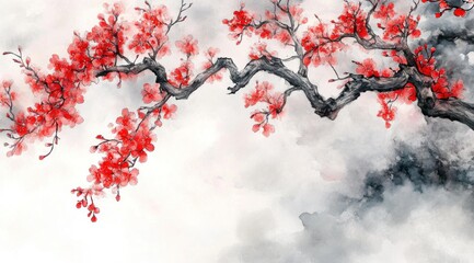 Red blossoms on a twisting branch, watercolor painting.