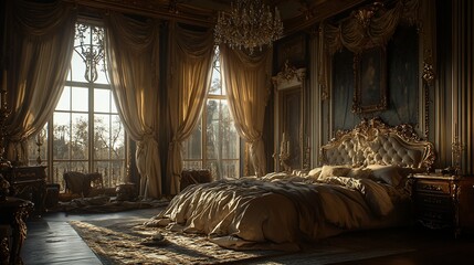 Sunlit opulent master bedroom with large windows, antique furniture, and luxurious bedding.
