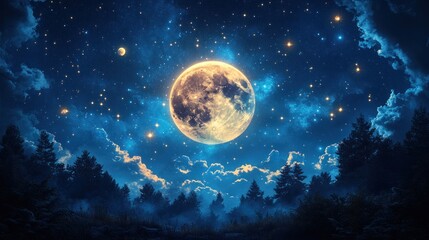 Obraz premium Full moon, starry night, silhouetted forest.