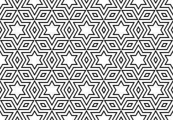 Abstract Seamless Outline Geometric Diamonds and Stars Pattern. Black and White Texture. 