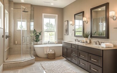 Double mirrors in a spacious contemporary bathroom with sleek finishes