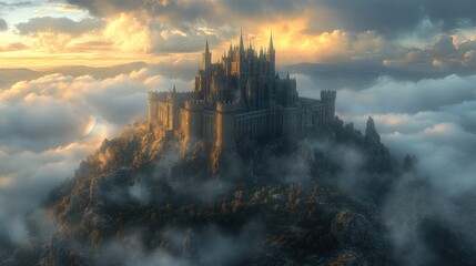 Majestic castle atop misty mountain peak.