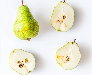 Fresh Green Pears: Whole and Halved Fruit Flatlay
