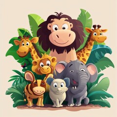 Naklejka premium Happy African Animals Gather In Lush Green Foliage