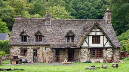 Obraz premium Stone cottage nestled in a verdant valley, showing aged stonework, thatched roof, and a rustic garden.