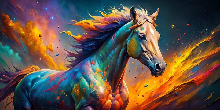 Vibrant Abstract Horse Painting, Colorful Equine Art, Generative AI Image