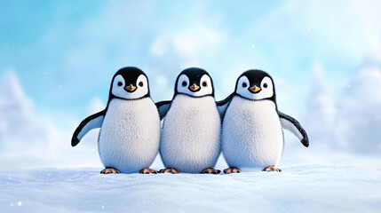 Obraz premium Cute baby penguins standing together on snowy landscape, showcasing their fluffy feathers and playful demeanor. charming scene of friendship in winter wonderland