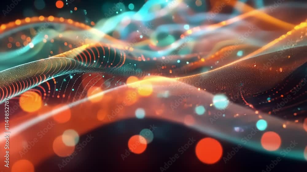 Poster visualizing complex data streams as a dynamic wave of glowing particles swirling in dark digital spa