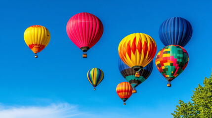 Obraz premium Colorful hot air balloons soar against clear blue sky, creating vibrant festival atmosphere. scene captures joy and excitement of ballooning