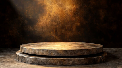 Fototapeta premium Two-tiered wooden podium on dark background.