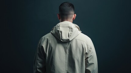 Obraz premium A man in an olive green jacket stands with his back to the camera against a dark background lighting and sharp focus.