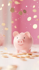 Cute piggy bank in pastel pink color with floating coins on light background, copy space, saving concept. Generative AI