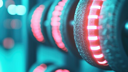 A close-up view of glowing circular elements with a vibrant red light against a dark background, suggesting a modern technological design or device.