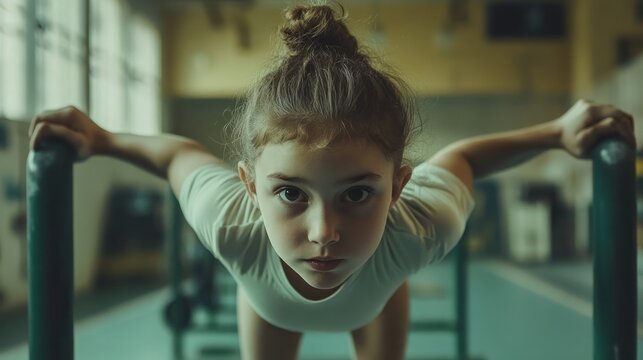 Young gymnast girl in a gym, holding parallel bars, looking intensely at the camera.