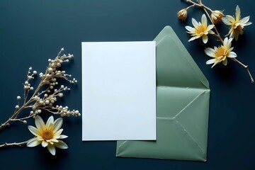 Rustic wedding invitation card mockup, green envelope and dried flowers on dark blue background. Flat lay