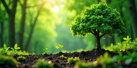 A flourishing young tree thrives amidst a vibrant forest, symbolizing growth and the natural world's resilience